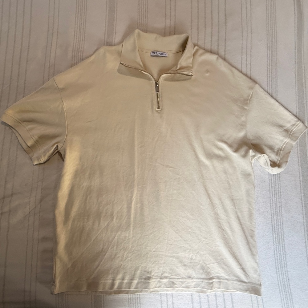 Zara Men's Short-Sleeve Half-Zip Polo in Light Cream